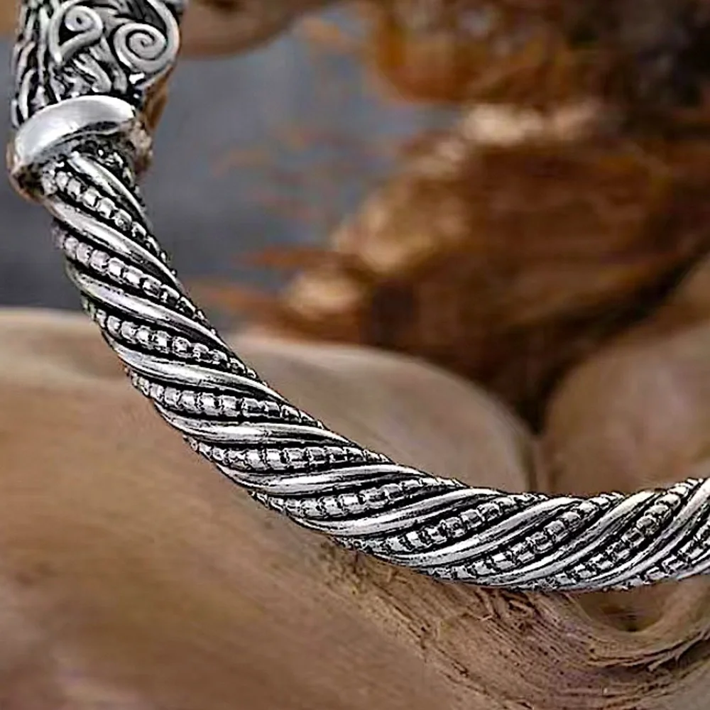 Silver Viking Wolf Head Twisted Norse Arm Band Cuff Bangle Bracelet Men Women
